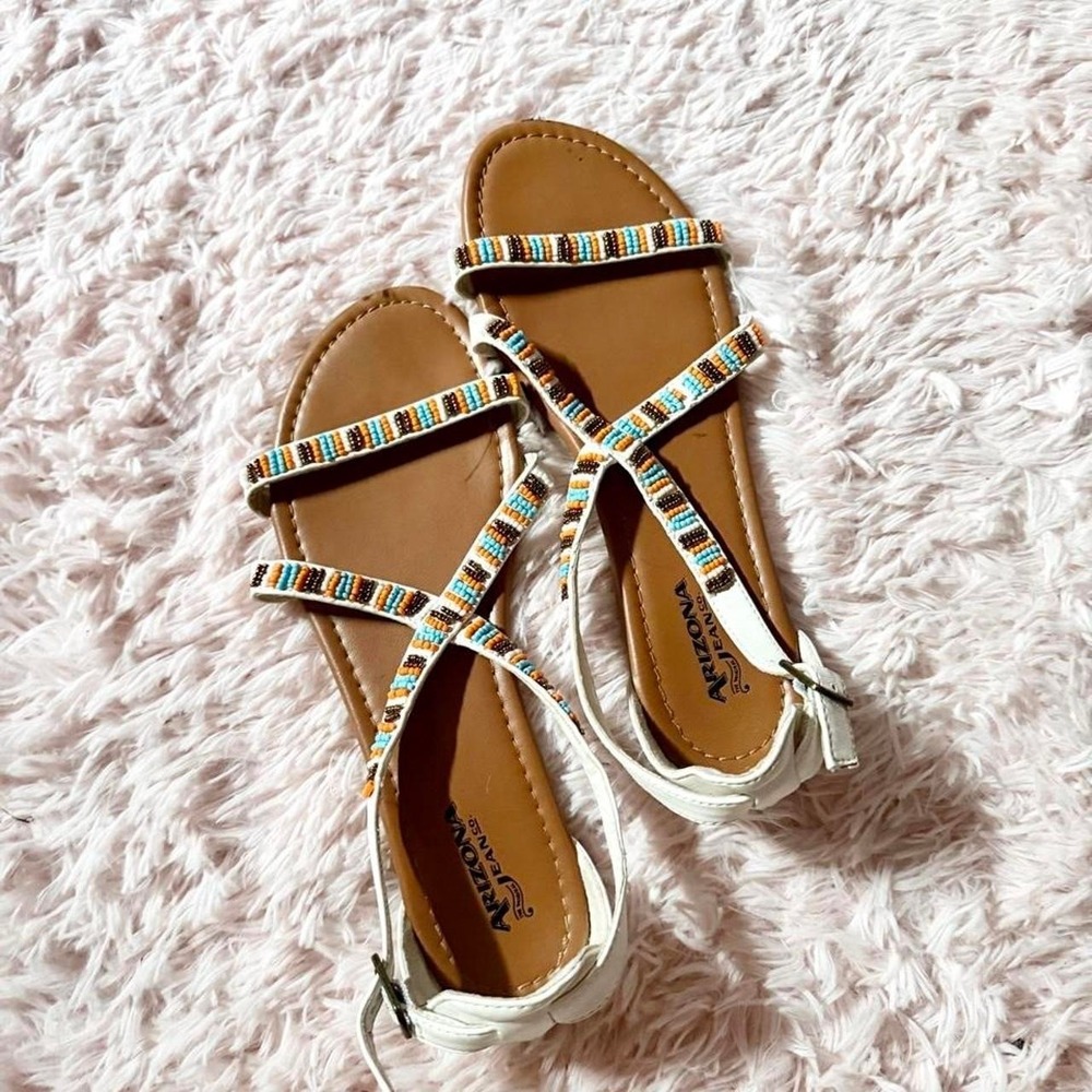 Aztec Tribal Beaded Goddess Sandals Womens 8.5 Beachy Indie Hippie Lagenlook